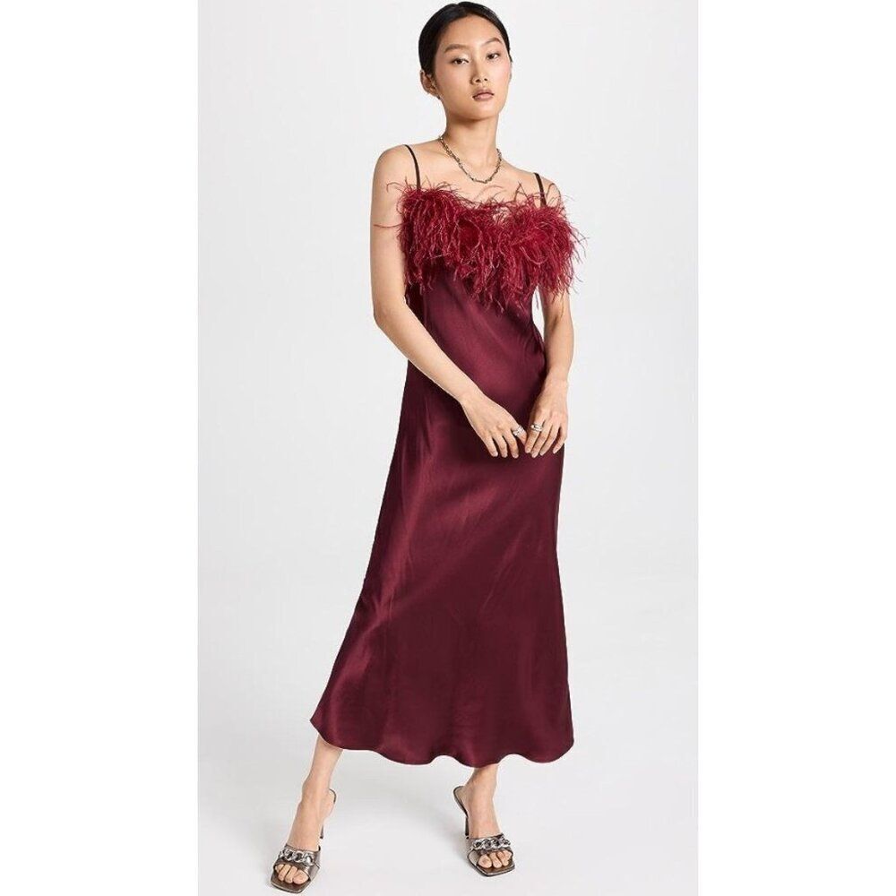Thirty Thirty Women Burgundy Satin Bohemian Feather Slip Dress Size XS